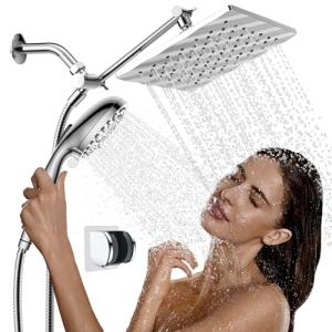 High Pressure 9'' Rainfall Shower Head With Handheld Combo, 10-Setting Handheld Shower Head Built-In Power Wash, 11'' Extension Arm Height/Angle Adjustable With Holder & 60" Hose - Polished Chrome