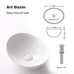 Bathivy Oval Bathroom Vessel Sink, 14.6'' x 11.6'' Modern Above Counter Vanity Bowl, Small White Porcelain Art Basin Sinks with Pop Up Drain Combo