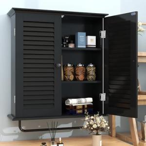 TaoHFE Bathroom Cabinet Wall Mounted Designer Bathroom Wall Cabinet Medicine Cabinet with Double Shutter Doors 3 Tier Adjustable Shelf with Towel Rack Over The Toilet Storage Cabinet Laundry (Black)