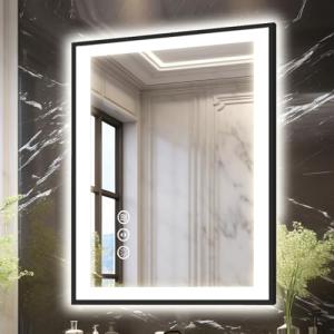 Megatex 20x28 LED Bathroom Mirrors-Black Aluminum Framed (Front and Backlit), Anti-Fog Vanity Mirror with Lights,Stepless Dimmable Lighted Mirror,3 Colors Smart Mirror(Horizontal/Vertical)