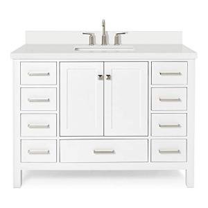 ARIEL 49" White Bathroom Vanity with 1.5" Edge Pure White Quartz Countertop & Backsplash, Center Rectangular Sink, 2 Soft Closing Doors, 9 Full Extension Dovetail Drawers, Brushed Nickel