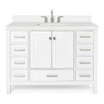 ARIEL 49" White Bathroom Vanity with 1.5" Edge Pure White Quartz Countertop & Backsplash, Center Rectangular Sink, 2 Soft Closing Doors, 9 Full Extension Dovetail Drawers, Brushed Nickel
