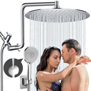 Rain Shower Head, 12 Inch High Pressure Shower Heads and Handheld Combo with Upgraded 12" Adjustable Curved Shower Extension Arm, 6 Settings Hand held Showerhead Built-in Power Wash Anti-leak（Chrome）