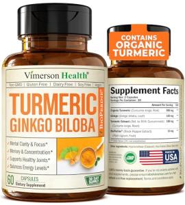 Turmeric Curcumin & Ginkgo Biloba Supplements with Bioperine Black Pepper - Vegan Joint Support Supplement with Organic Tumeric - Aids Brain Clarity, Focus, Memory, and Concentration. 60 Capsules