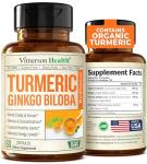Turmeric Curcumin & Ginkgo Biloba Supplements with Bioperine Black Pepper - Vegan Joint Support Supplement with Organic Tumeric - Aids Brain Clarity, Focus, Memory, and Concentration. 60 Capsules