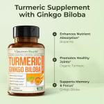 Turmeric Curcumin & Ginkgo Biloba Supplements with Bioperine Black Pepper - Vegan Joint Support Supplement with Organic Tumeric - Aids Brain Clarity, Focus, Memory, and Concentration. 60 Capsules