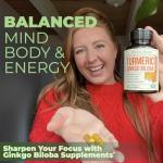 Turmeric Curcumin & Ginkgo Biloba Supplements with Bioperine Black Pepper - Vegan Joint Support Supplement with Organic Tumeric - Aids Brain Clarity, Focus, Memory, and Concentration. 60 Capsules