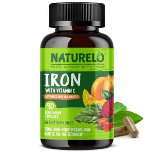 NATURELO Vegan Iron Supplement with Vitamin C - 90 Capsules
