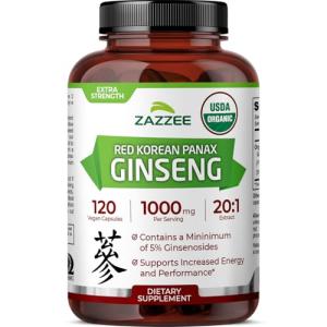 Zazzee USDA Organic Red Korean Panax Ginseng 20:1 Extract, 8000 mg Strength, 5% Ginsenosides, 120 Vegan Capsules, Standardized and Concentrated 20X Root Extract, 100% Vegetarian, All-Natural, Non-GMO