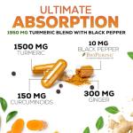 Turmeric Curcumin with BioPerine & Ginger 95% Curcuminoids 1950mg - Black Pepper Extract for Max Absorption, Nature's Joint Support Supplement, Herbal Turmeric Pills, Vegan Non-GMO - 120 Capsules