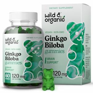 Wild & Organic Ginkgo Biloba Gummies - Brain Supplement & Mental Support Gummy for Better Mood & Focus - Energy Booster Herbal Supplements - Vegan Non-GMO - 120mg, 60 Chews