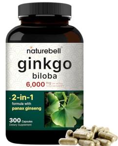 NatureBell Ginkgo Biloba 6,000mg with Panax Ginseng 500mg Per Serving | 300 Capsules – Max Strength Ginko Biloba Extract Supplements - Promotes Memory, Focus, and Brain Health