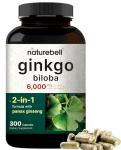 NatureBell Ginkgo Biloba 6,000mg with Panax Ginseng 500mg Per Serving | 300 Capsules – Max Strength Ginko Biloba Extract Supplements - Promotes Memory, Focus, and Brain Health