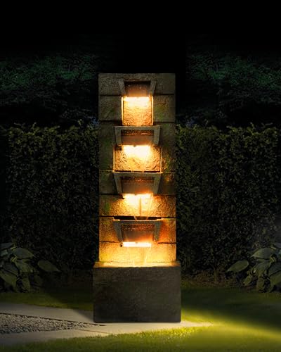 41.1" Water Fountain Outdoor Floor-Standing Garden Fountain Modern Waterfall Fountain with LED Lights 4 Tier Rock Fountain for Porch, Patio, Garden, Backyard, Yellow