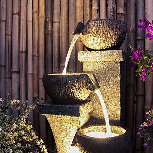 Supmix 37.4”H Water Fountain Outdoor 4- Crocks Modern Garden Fountains LED Lighted Floor Fountain Natural Polyresin Decor for Garden, Patio, Backyard Ard and Home Art DéCor
