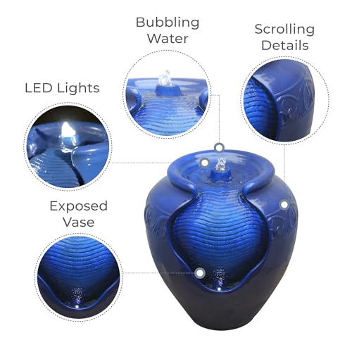 Teamson Home 16.96 in. Outdoor Glazed Pot Water Fountain with LED Lights, Built-in Pump to Create a Calming Oasis in Gardens, Landscaping, Patios, Balconies, Lawns, Royal Blue