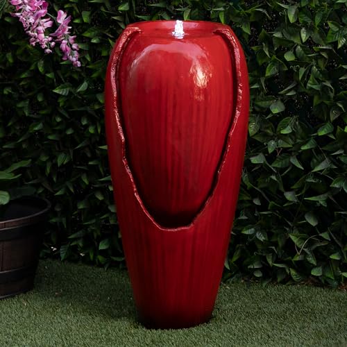 Alpine Corporation DIG100XS-RD Outdoor Floor Antique Jar Water Fountain with LED Lights, Vintage Light Waterfall, 33", Red