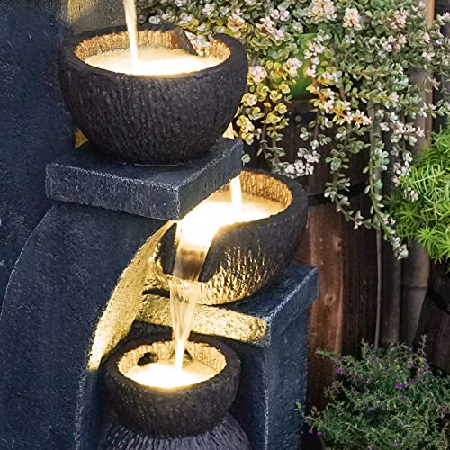 Supmix 37.4”H Water Fountain Outdoor 4- Crocks Modern Garden Fountains LED Lighted Floor Fountain Natural Polyresin Decor for Garden, Patio, Backyard Ard and Home Art DéCor