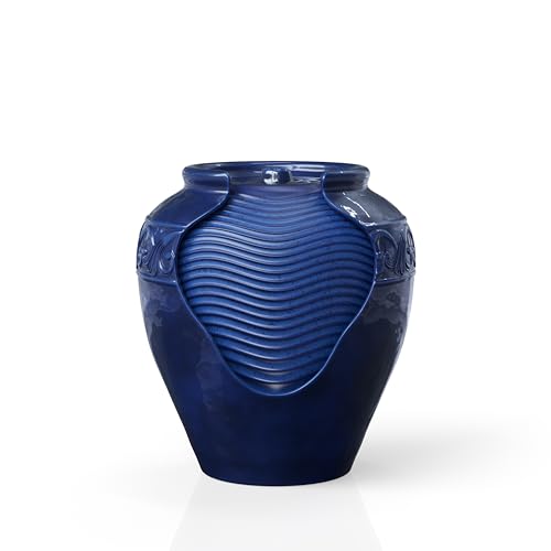 Teamson Home 16.96 in. Outdoor Glazed Pot Water Fountain with LED Lights, Built-in Pump to Create a Calming Oasis in Gardens, Landscaping, Patios, Balconies, Lawns, Royal Blue