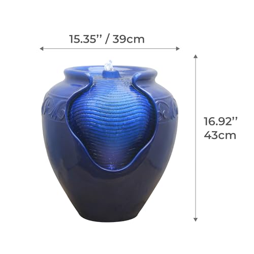 Teamson Home 16.96 in. Outdoor Glazed Pot Water Fountain with LED Lights, Built-in Pump to Create a Calming Oasis in Gardens, Landscaping, Patios, Balconies, Lawns, Royal Blue