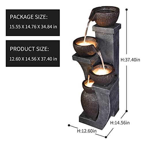 Supmix 37.4”H Water Fountain Outdoor 4- Crocks Modern Garden Fountains LED Lighted Floor Fountain Natural Polyresin Decor for Garden, Patio, Backyard Ard and Home Art DéCor
