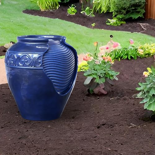 Teamson Home 16.96 in. Outdoor Glazed Pot Water Fountain with LED Lights, Built-in Pump to Create a Calming Oasis in Gardens, Landscaping, Patios, Balconies, Lawns, Royal Blue