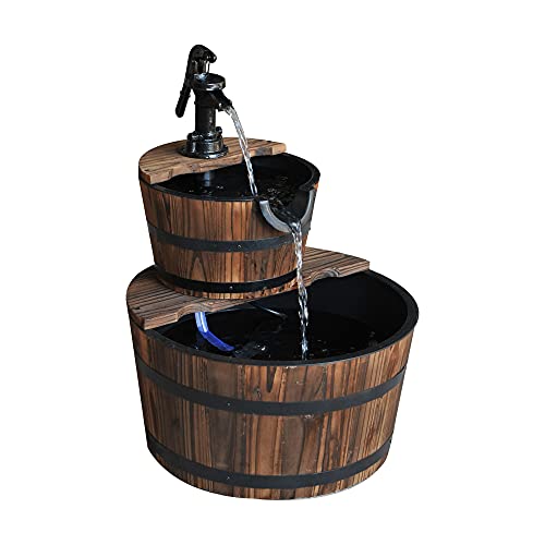 Outsunny Wood Freestanding Fountain with 2 Tier Waterfall Barrel, Electric Pump for Garden Decor, Lawn, Backyard