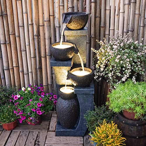 Supmix 37.4”H Water Fountain Outdoor 4- Crocks Modern Garden Fountains LED Lighted Floor Fountain Natural Polyresin Decor for Garden, Patio, Backyard Ard and Home Art DéCor