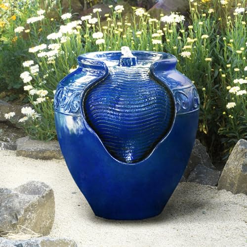 Teamson Home 16.96 in. Outdoor Glazed Pot Water Fountain with LED Lights, Built-in Pump to Create a Calming Oasis in Gardens, Landscaping, Patios, Balconies, Lawns, Royal Blue