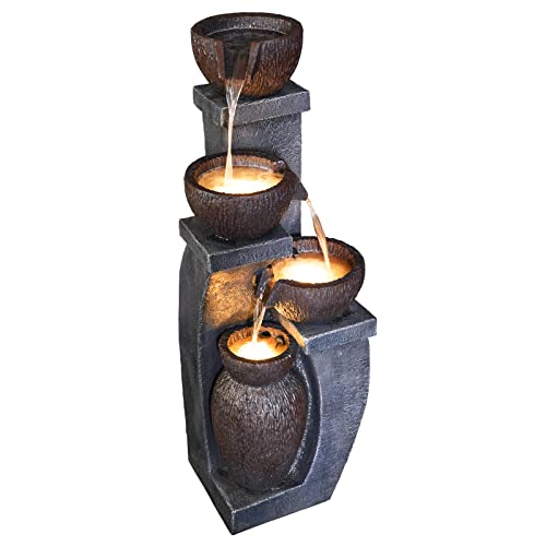 Supmix 37.4”H Water Fountain Outdoor 4- Crocks Modern Garden Fountains LED Lighted Floor Fountain Natural Polyresin Decor for Garden, Patio, Backyard Ard and Home Art DéCor
