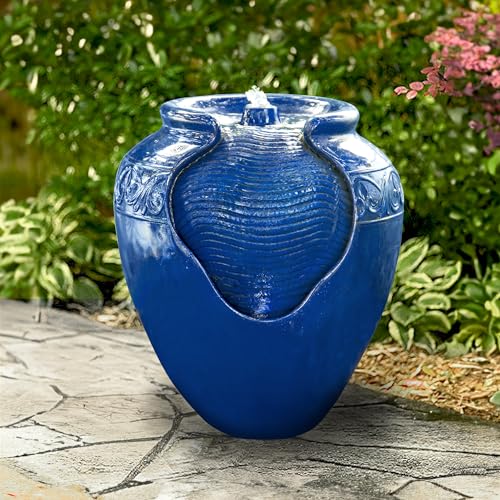 Teamson Home 16.96 in. Outdoor Glazed Pot Water Fountain with LED Lights, Built-in Pump to Create a Calming Oasis in Gardens, Landscaping, Patios, Balconies, Lawns, Royal Blue