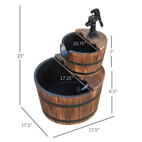 Outsunny Wood Freestanding Fountain with 2 Tier Waterfall Barrel, Electric Pump for Garden Decor, Lawn, Backyard