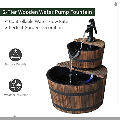 Outsunny Wood Freestanding Fountain with 2 Tier Waterfall Barrel, Electric Pump for Garden Decor, Lawn, Backyard