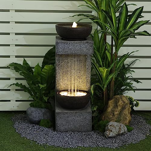 Bumilgar 33.9" H Water Fountain Outdoor Garden Waterfall Decor for Garden, Patio, Backyard, Deck, Porch and Home Art Decor, Modern Tiered Outdoor Fountain with Lights and Stone Planter