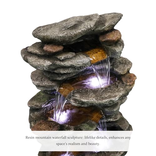 SunJet 40" High 6-Tiers Cascading Rock Outdoor Water Fountain with LED Lights - Large Outdoor Fountains and Waterfalls for Garden or Patio, Yard, and Deck Decor, Featuring Natural Stone Look