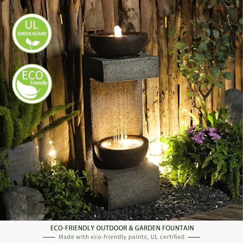 Bumilgar 33.9" H Water Fountain Outdoor Garden Waterfall Decor for Garden, Patio, Backyard, Deck, Porch and Home Art Decor, Modern Tiered Outdoor Fountain with Lights and Stone Planter