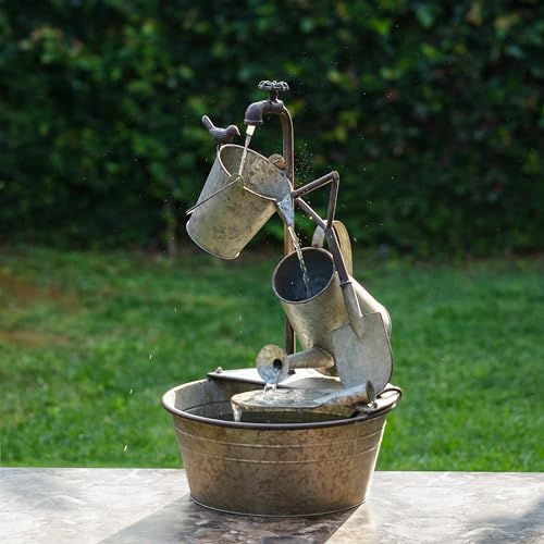 Alpine Corporation YHL106 Outdoor Floor 3-Tiered Metal Garden Tools Water Fountain, Tools and Faucet Waterfall, 28", Gray