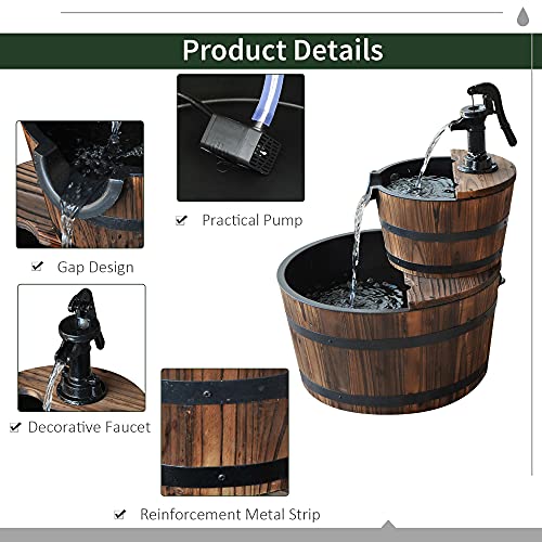 Outsunny Wood Freestanding Fountain with 2 Tier Waterfall Barrel, Electric Pump for Garden Decor, Lawn, Backyard