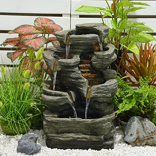 Bumilgar 6-Tier Cascading Rock Water Fountain Outdoor Garden Waterfall Decor for Garden, Patio, Backyard, Deck, Porch and Home Art Decor,24.4" H Outdoor Fountain with Lights