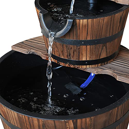 Outsunny Wood Freestanding Fountain with 2 Tier Waterfall Barrel, Electric Pump for Garden Decor, Lawn, Backyard
