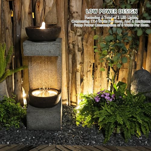 Bumilgar 33.9" H Water Fountain Outdoor Garden Waterfall Decor for Garden, Patio, Backyard, Deck, Porch and Home Art Decor, Modern Tiered Outdoor Fountain with Lights and Stone Planter