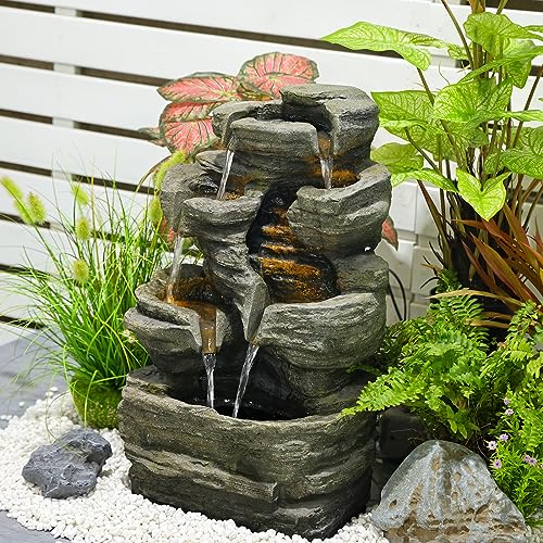 Bumilgar 6-Tier Cascading Rock Water Fountain Outdoor Garden Waterfall Decor for Garden, Patio, Backyard, Deck, Porch and Home Art Decor,24.4" H Outdoor Fountain with Lights