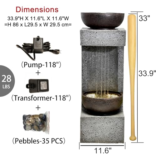 Bumilgar 33.9" H Water Fountain Outdoor Garden Waterfall Decor for Garden, Patio, Backyard, Deck, Porch and Home Art Decor, Modern Tiered Outdoor Fountain with Lights and Stone Planter