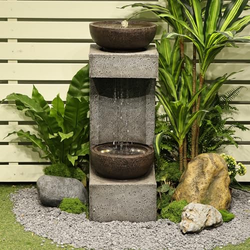 Bumilgar 33.9" H Water Fountain Outdoor Garden Waterfall Decor for Garden, Patio, Backyard, Deck, Porch and Home Art Decor, Modern Tiered Outdoor Fountain with Lights and Stone Planter