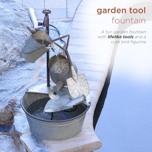 Alpine Corporation YHL106 Outdoor Floor 3-Tiered Metal Garden Tools Water Fountain, Tools and Faucet Waterfall, 28", Gray