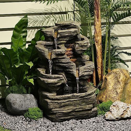 Bumilgar 6-Tier Cascading Rock Water Fountain Outdoor Garden Waterfall Decor for Garden, Patio, Backyard, Deck, Porch and Home Art Decor,24.4" H Outdoor Fountain with Lights