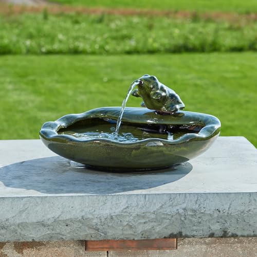 Smart Solar 22300R01 Solar Powered Ceramic Frog Water Feature, Green Glazed Ceramic, Powered By An Included Solar Panel That Operates An Integral Low Voltage Pump With Filter