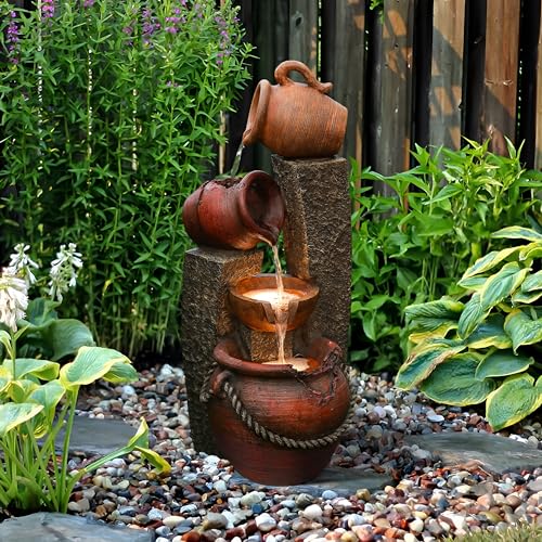 LuxenHome 32 Inch Outdoor Water Fountain, Cascading Pitchers Farmhouse Outdoor Fountains and Waterfalls with LED Lights, Water Fountain Outdoor Patio Decor, Waterfall Fountain Indoor and Outdoor