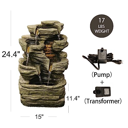 Bumilgar 6-Tier Cascading Rock Water Fountain Outdoor Garden Waterfall Decor for Garden, Patio, Backyard, Deck, Porch and Home Art Decor,24.4" H Outdoor Fountain with Lights