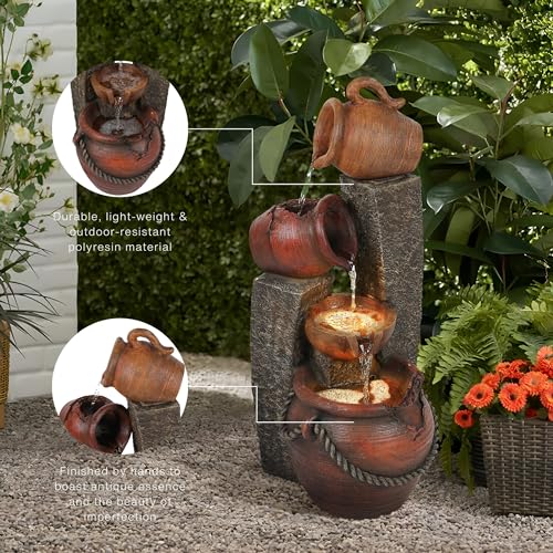 LuxenHome 32 Inch Outdoor Water Fountain, Cascading Pitchers Farmhouse Outdoor Fountains and Waterfalls with LED Lights, Water Fountain Outdoor Patio Decor, Waterfall Fountain Indoor and Outdoor